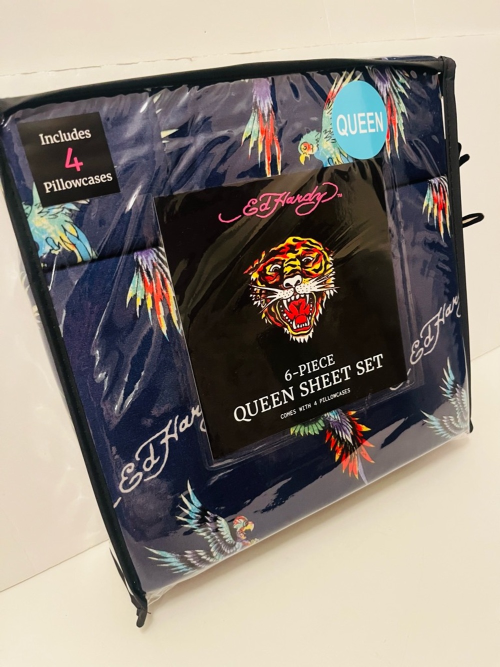 Ed Hardy Blue Queen Size Sheet Set Colorful Parrots Birds Perched & Flying